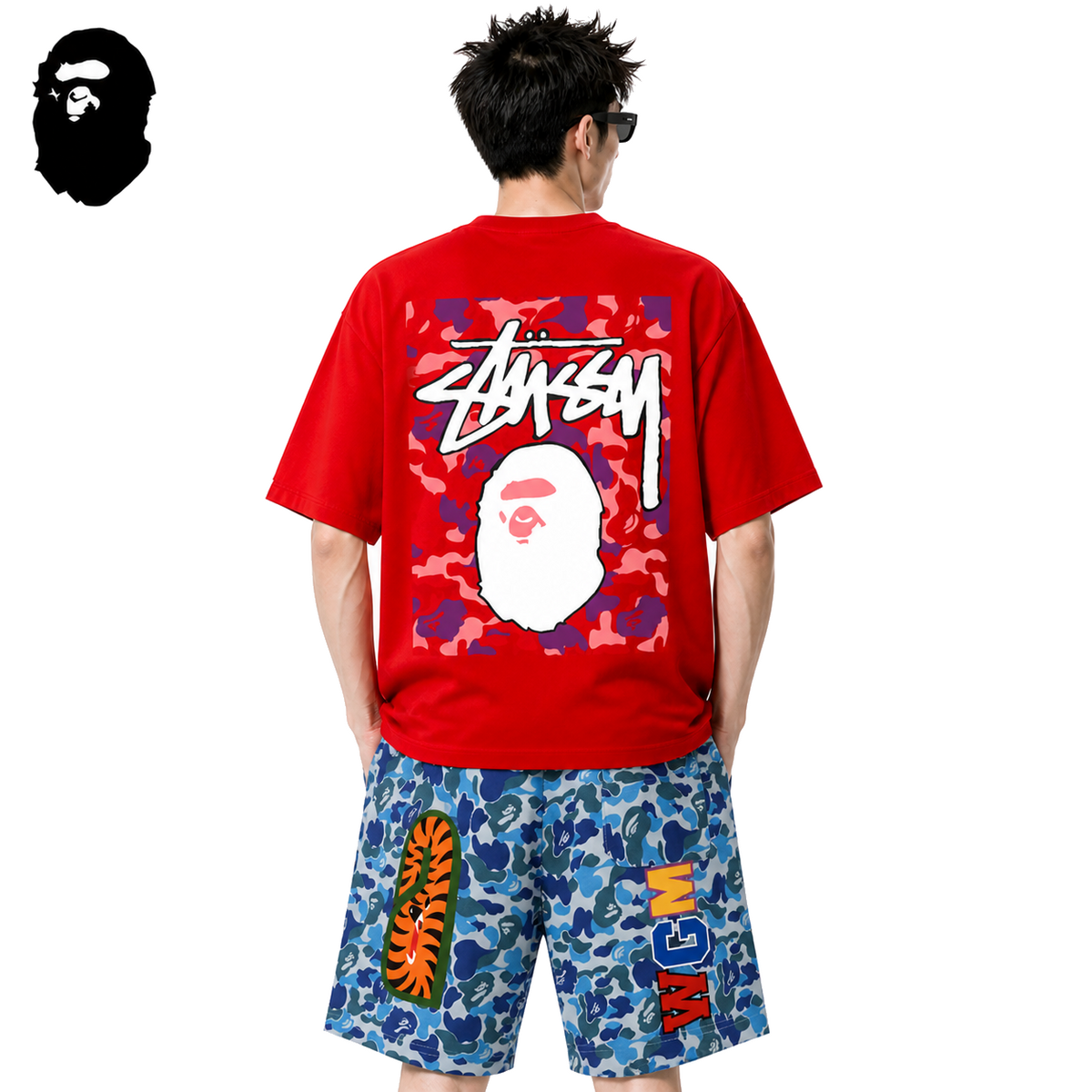 BAPE x Stussy Pink Camo Back Print Men's T-Shirt - Red