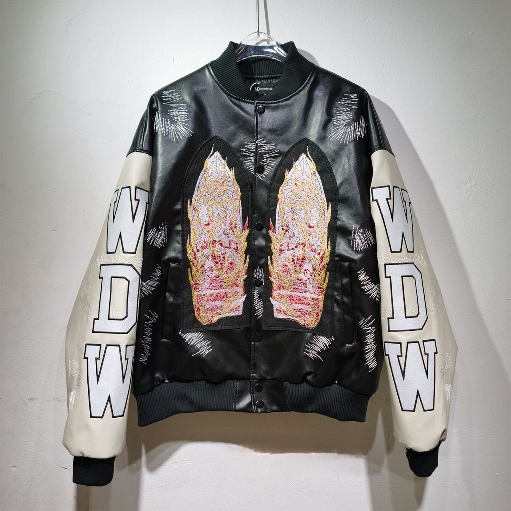 WHO DECIDES WAR Black Embroidered Varsity Jacket Unisex Oversized Streetwear Bomber Jacket
