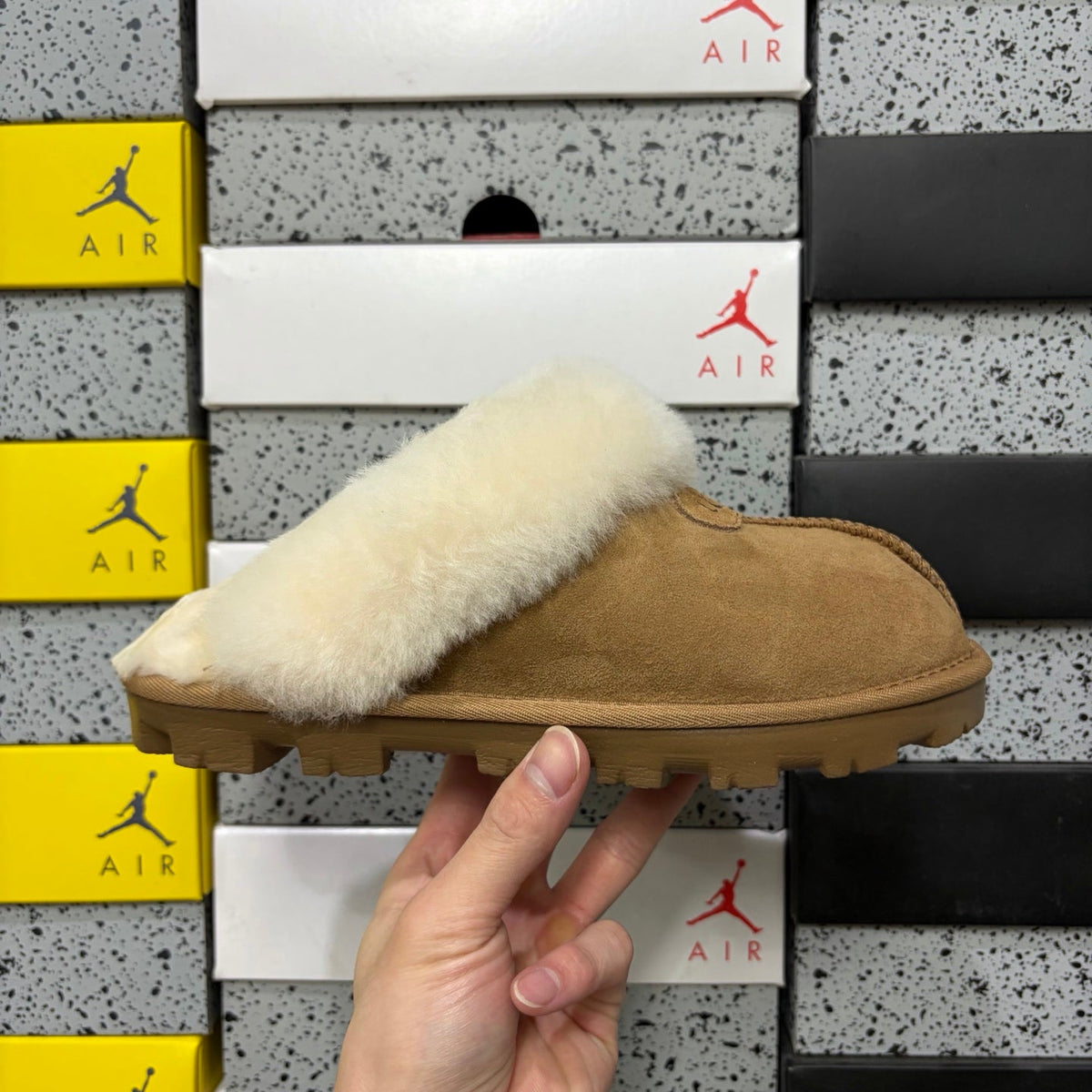 UGG Classic Shearling Clog – Open-Back Suede Mule with Voluminous Cream Shearling Upper on Chestnut Suede Base & Chunky Lug Sole