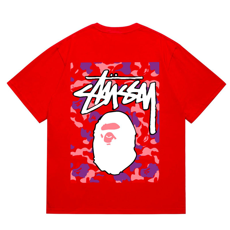 BAPE x Stussy Pink Camo Back Print Men's T-Shirt - Red