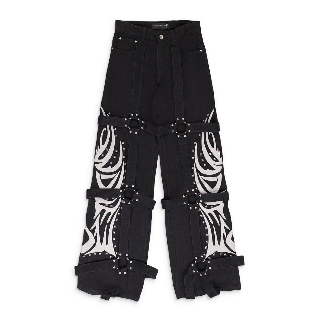 BLACK WINGED LOGO BONDAGE PANTS