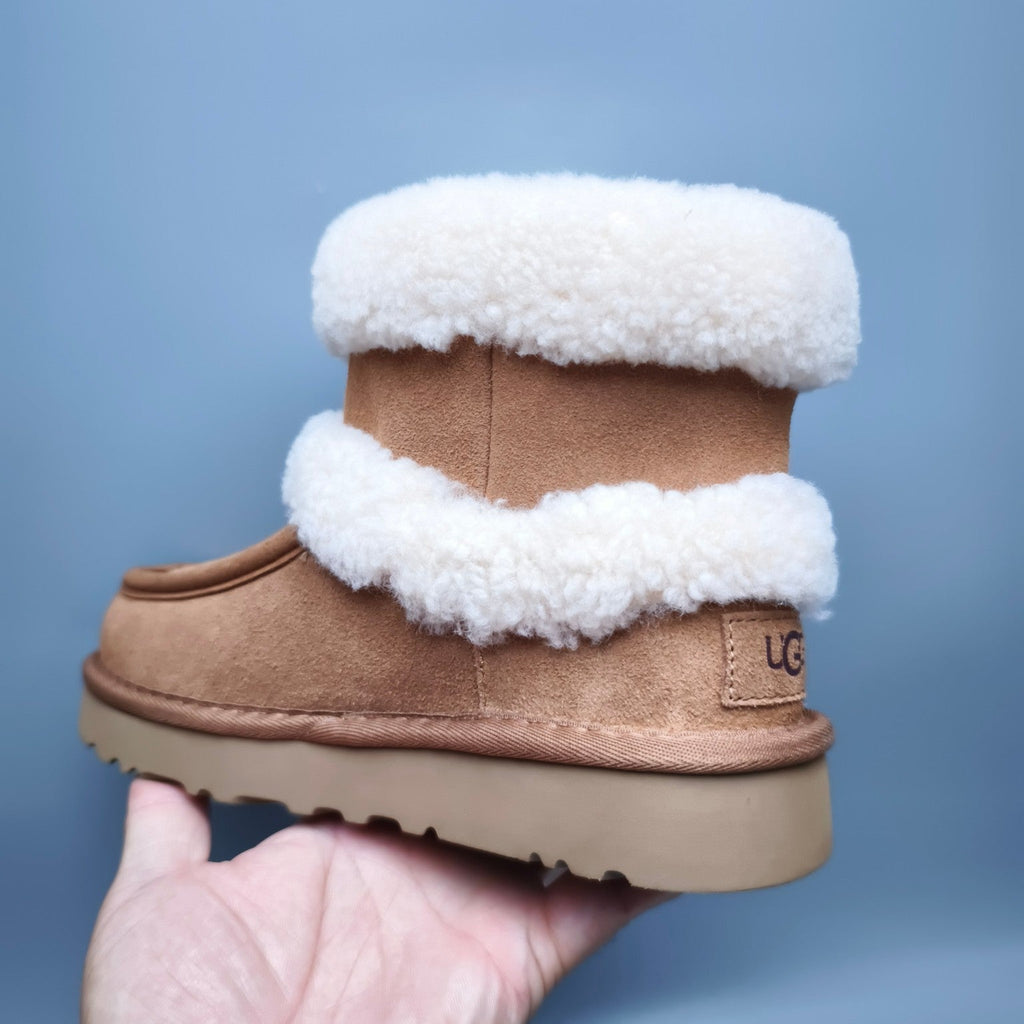 Chestnut Curly Fur Big Logo Mid-Top Trendy Boots — New Arrival | In Stock