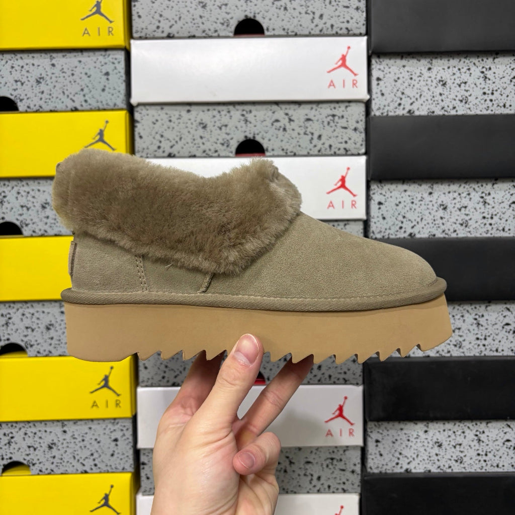 UGG Fold-Over Shearling Mule – Suede Open-Back Slipper with Oversized Shearling Cuff & Chunky Lug Platform Sole in Sage