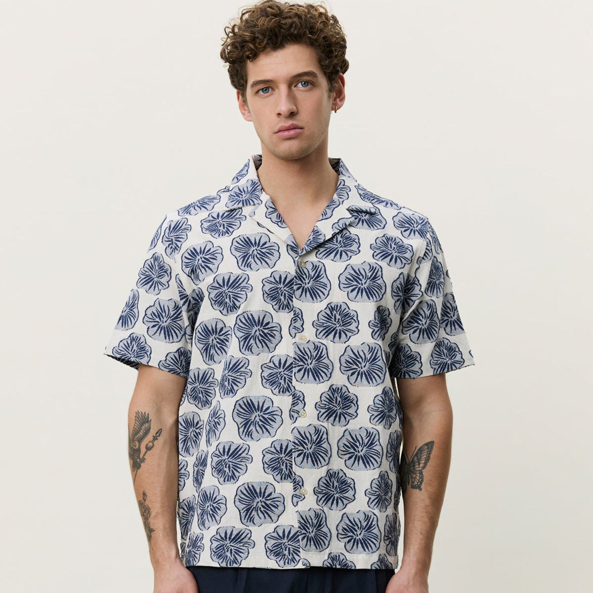 Les Deux Dahlia Jacquard Ss Shirt: Dark Denim Blue