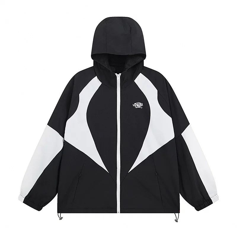 Synaworld Black White Color Block Hooded Windbreaker Jacket