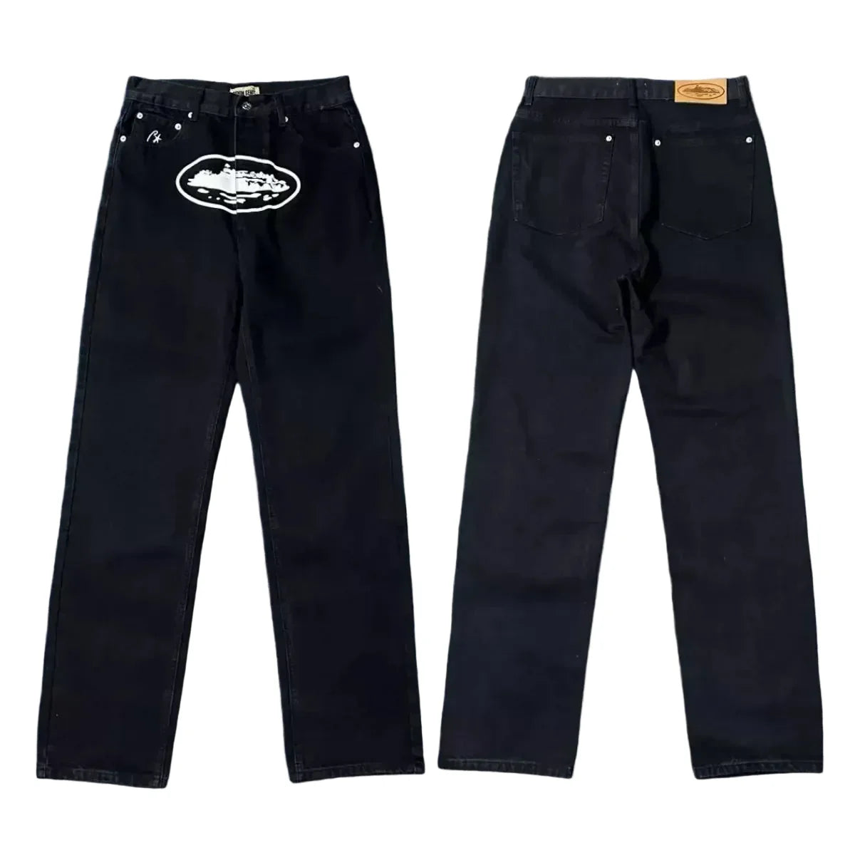 Corteiz Alcatraz Island Front Logo Heavyweight Denim Pants - Black