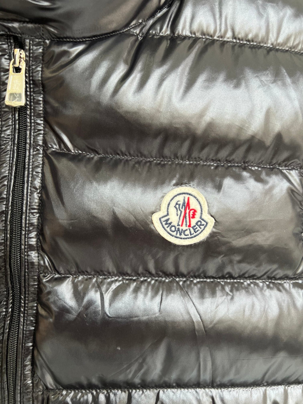 Moncler Gloss Nylon Down Vest with Chest Badge Patch and Zip Pockets