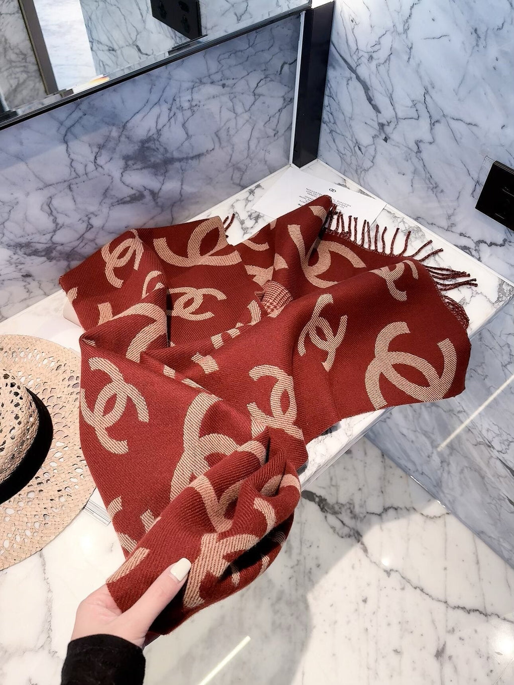 Chanel Style Oversized Logo Check Fringe Scarf
