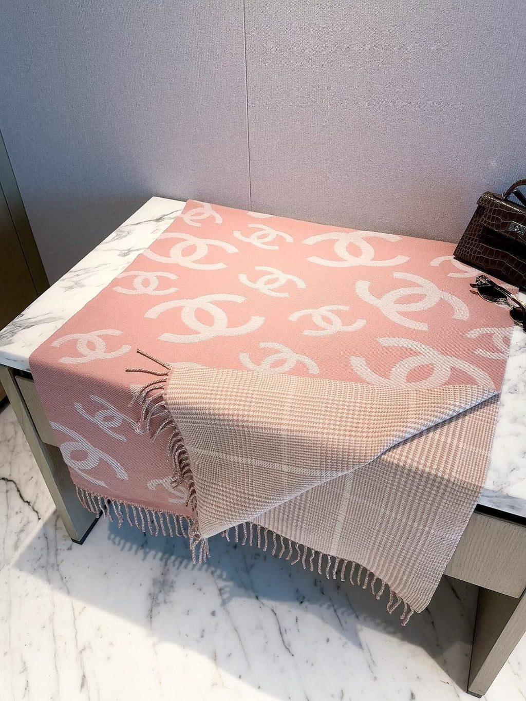 Chanel Style Oversized Logo Check Fringe Scarf