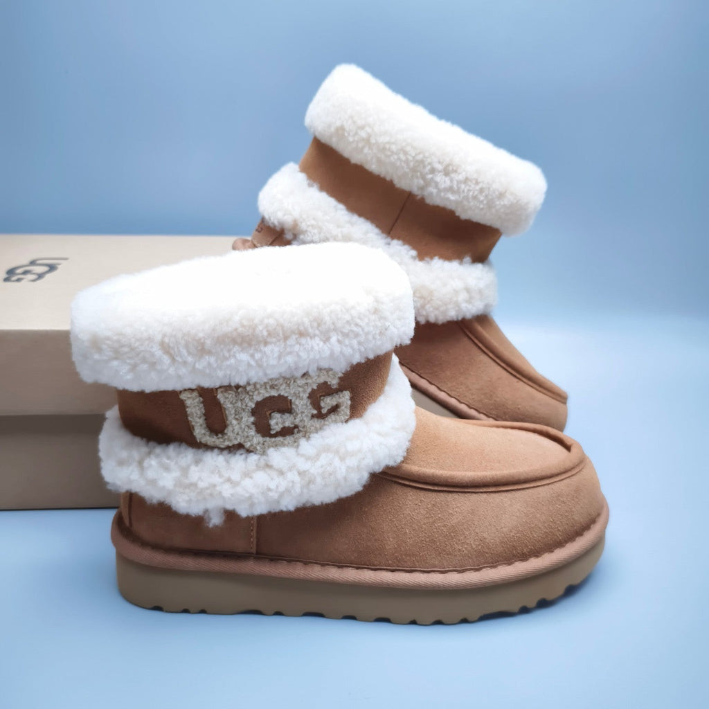 Chestnut Curly Fur Big Logo Mid-Top Trendy Boots — New Arrival | In Stock