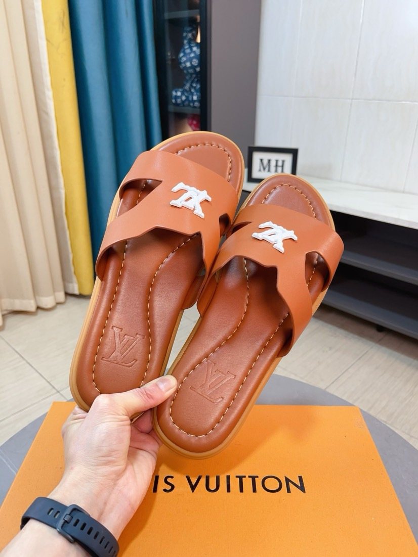Louis Vuitton Men's Tan-Orange Interwoven Slide Sandals