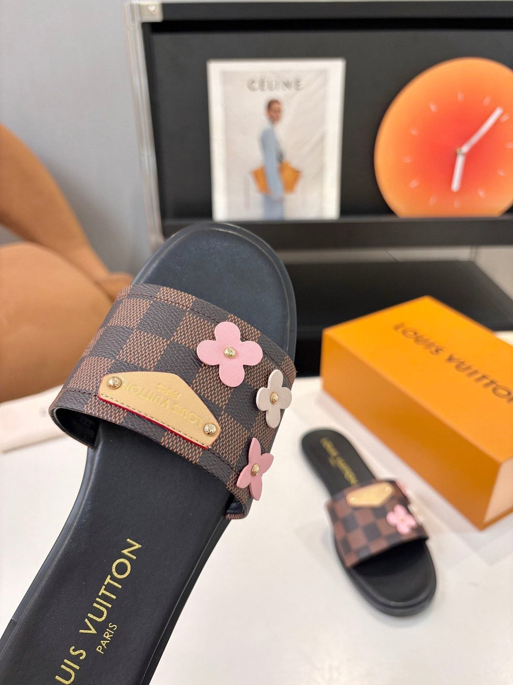 Louis Vuitton Floral Checkered Slide Sandals