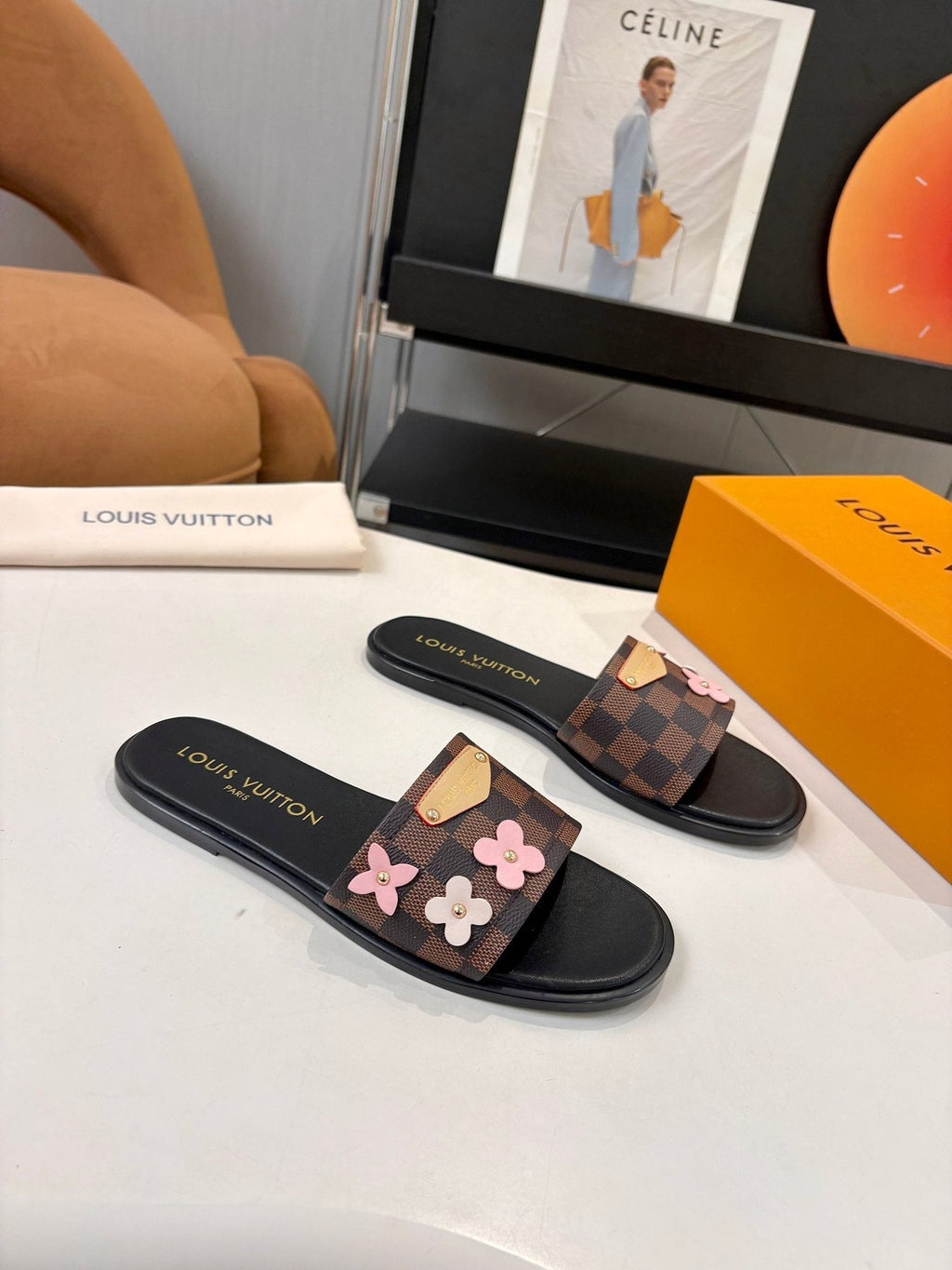 Louis Vuitton Floral Checkered Slide Sandals
