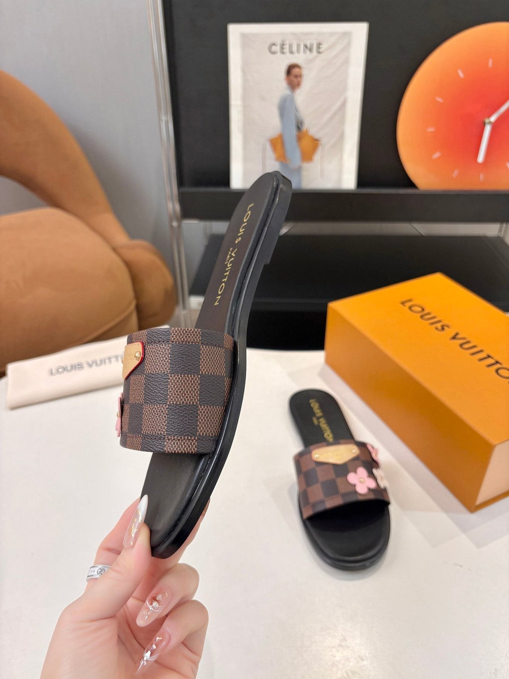 Louis Vuitton Floral Checkered Slide Sandals