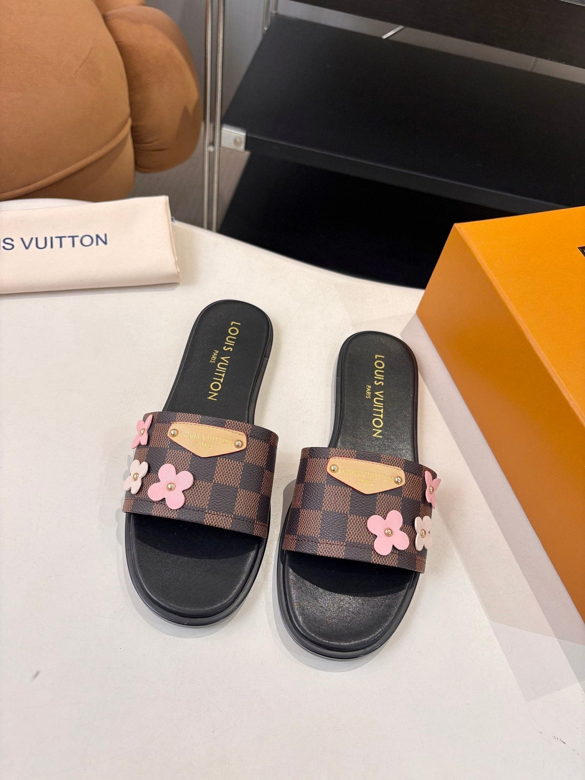 Louis Vuitton Floral Checkered Slide Sandals
