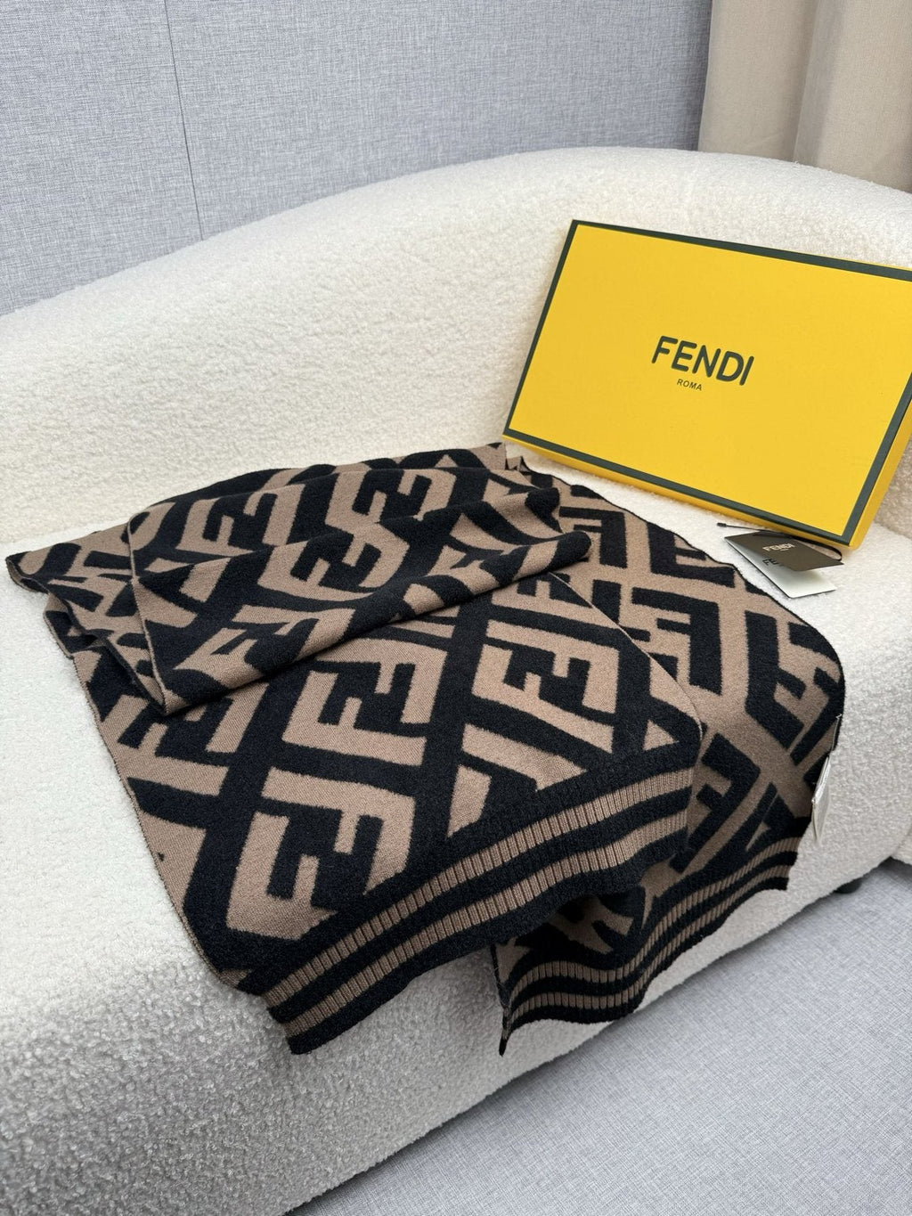 Fendi Brown and Black Geometric Knit Scarf