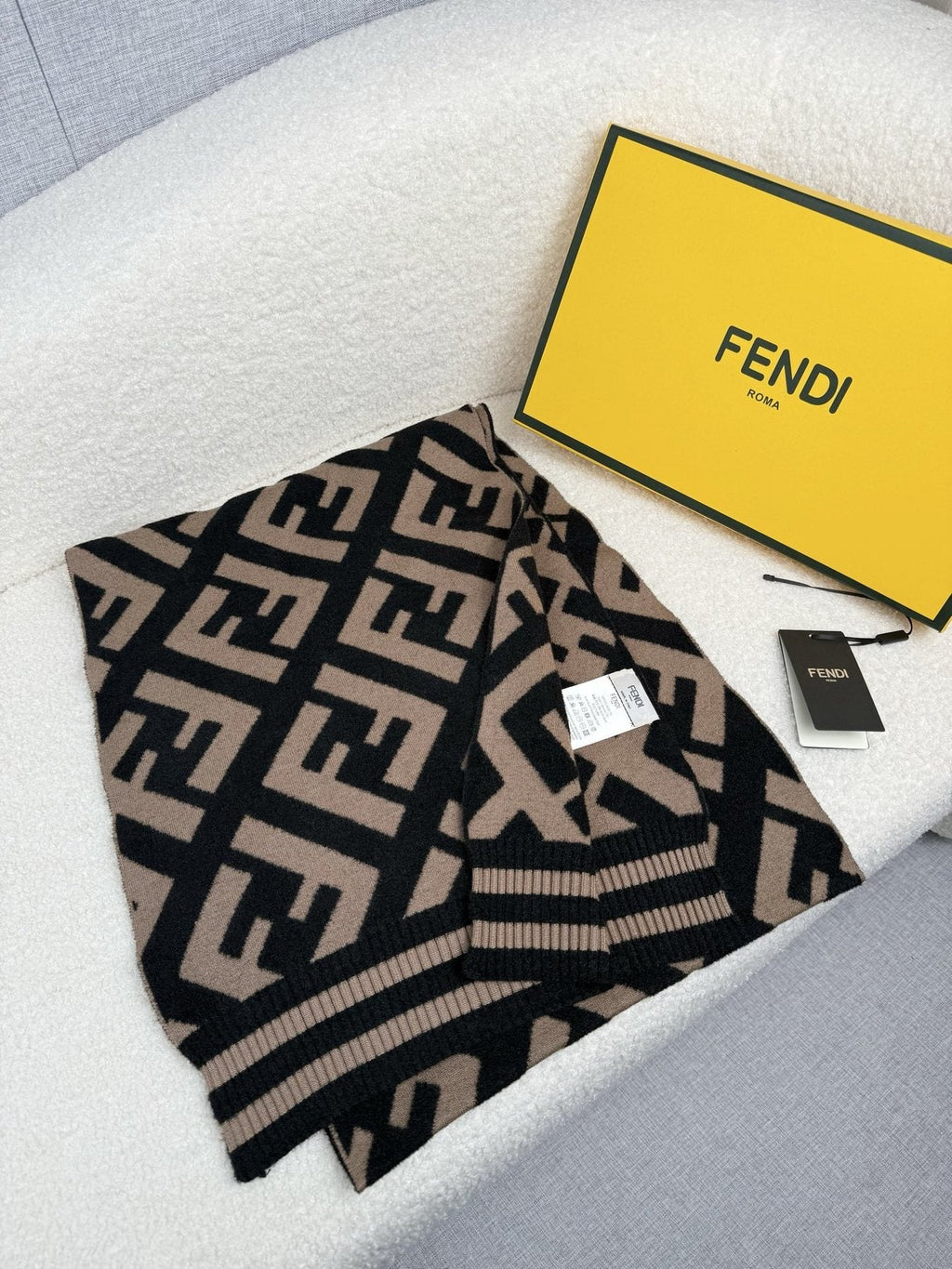 Fendi Brown and Black Geometric Knit Scarf