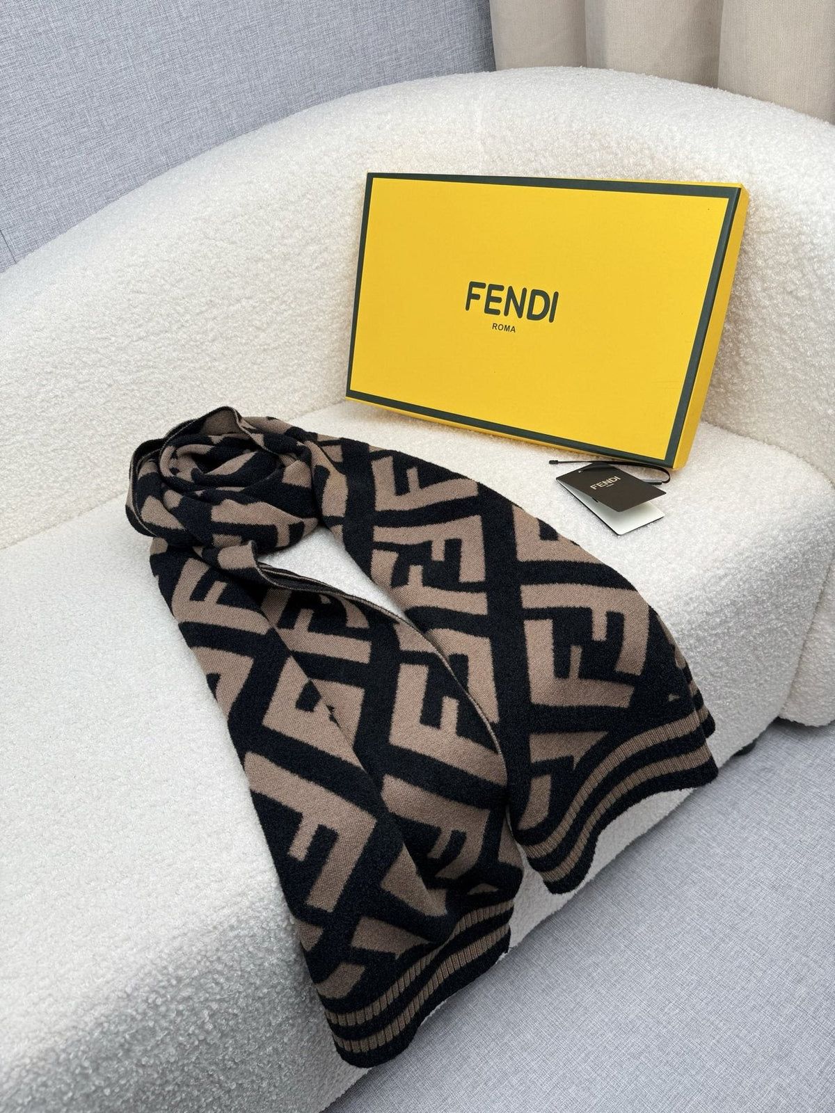 Fendi Brown and Black Geometric Knit Scarf