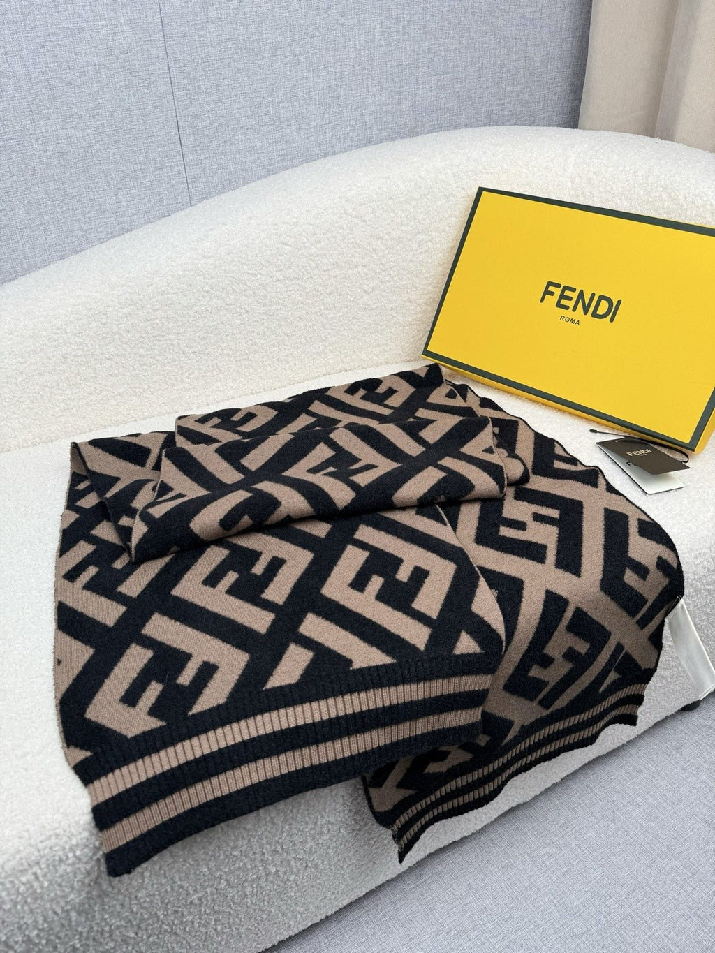 Fendi Brown and Black Geometric Knit Scarf