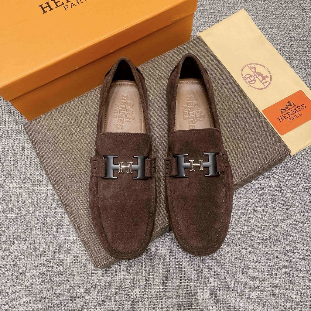 Hermès Brown Suede-Look H Hardware Loafers