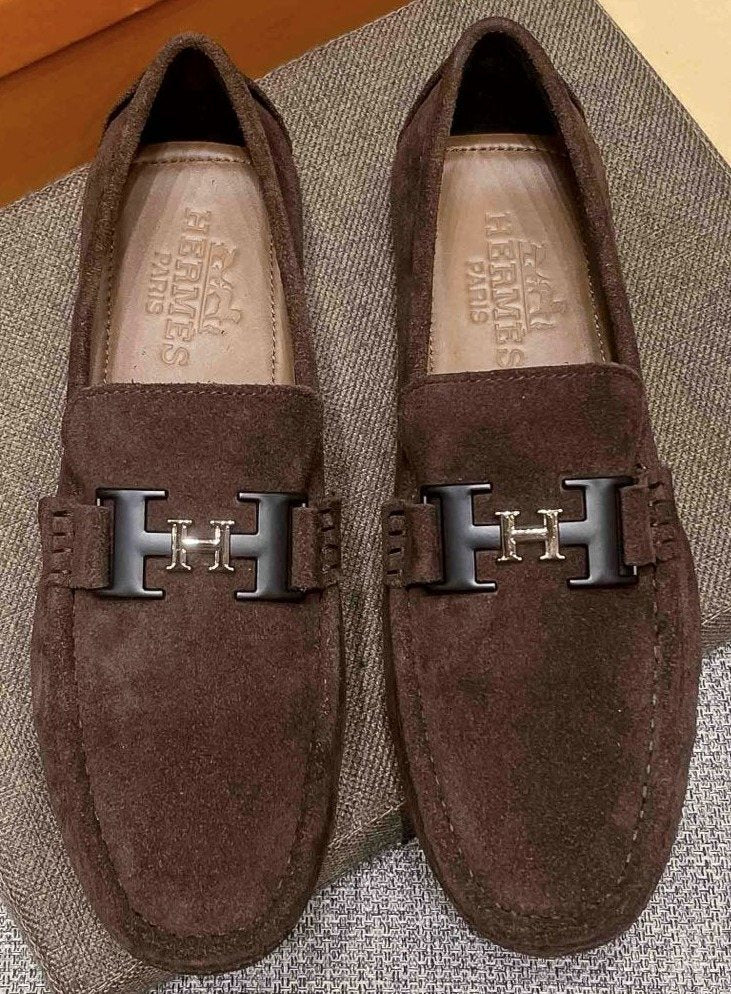 Hermès Brown Suede-Look H Hardware Loafers