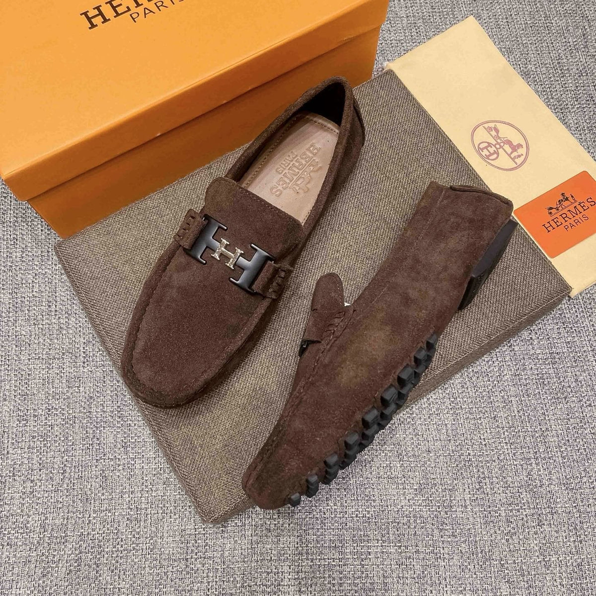Hermès Brown Suede-Look H Hardware Loafers