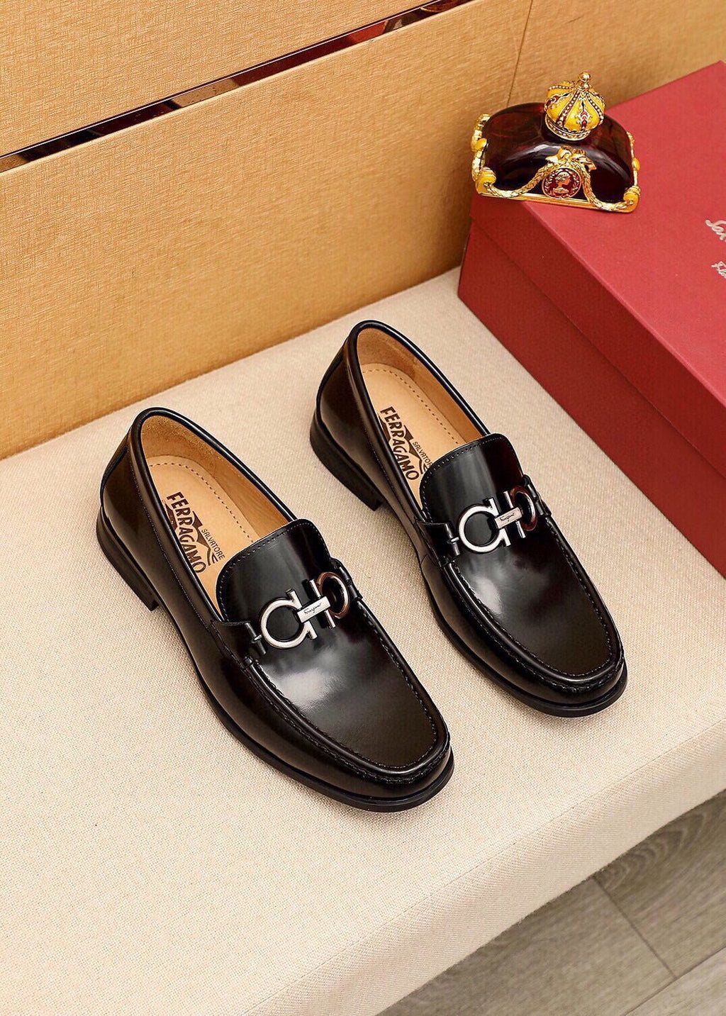 Ferragamo Men's Black Hardware Loafers - Stitched Apron Toe