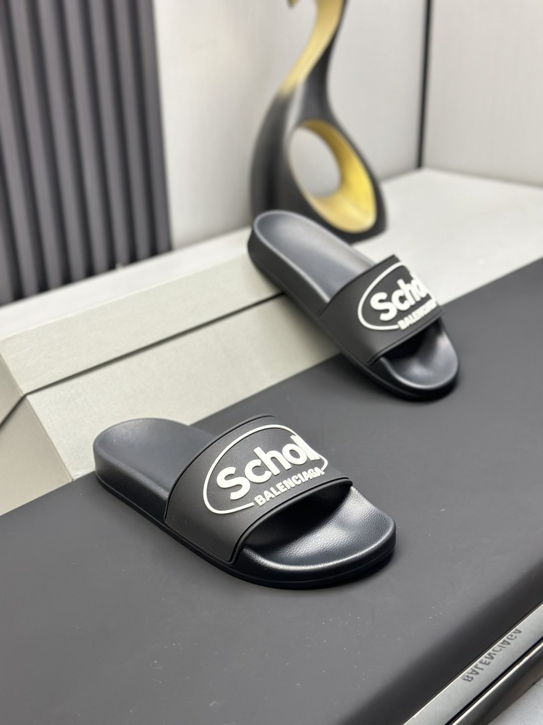 Scholl × Balenciaga Black Logo Strap Slide Sandals