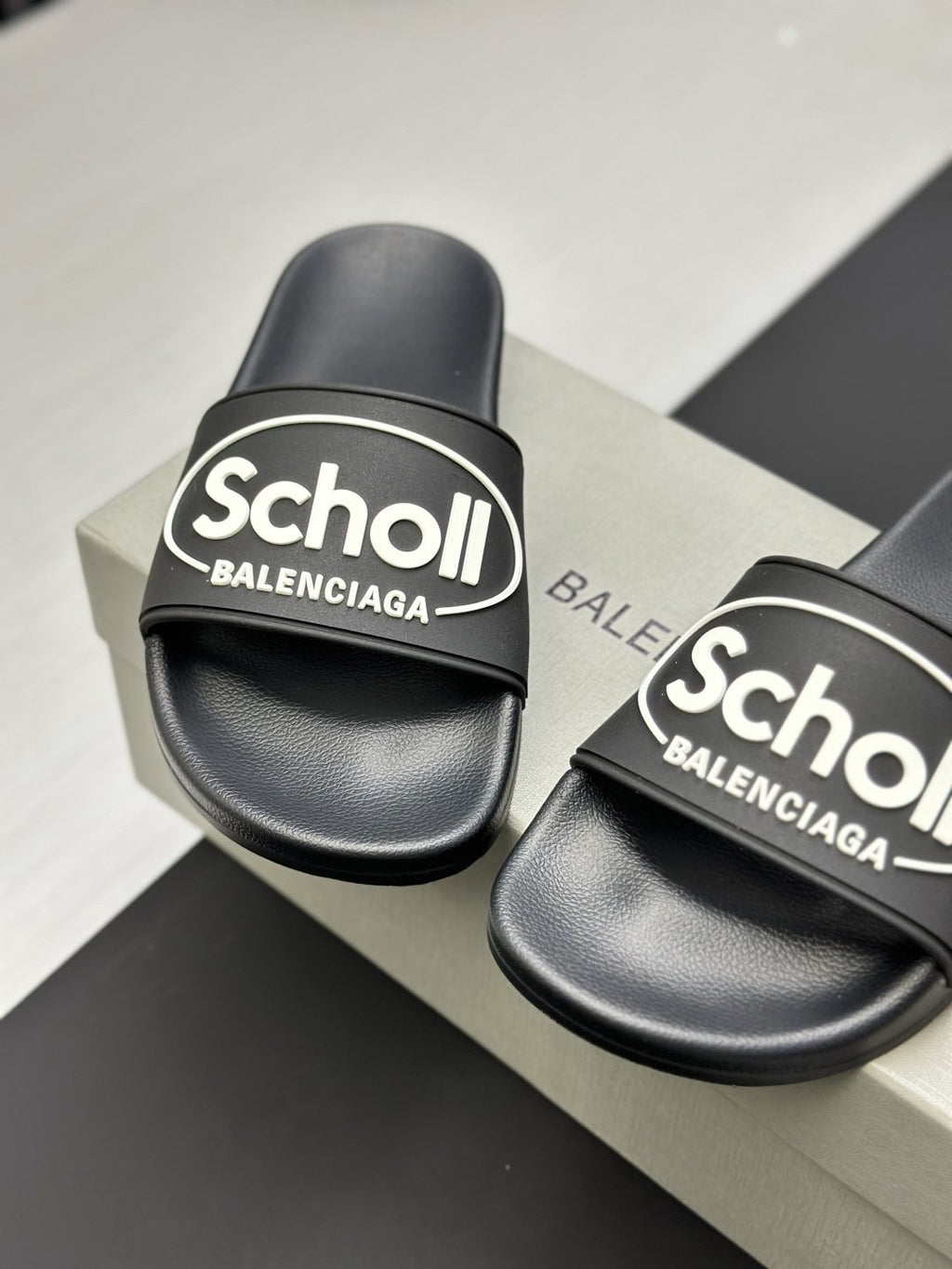 Scholl × Balenciaga Black Logo Strap Slide Sandals