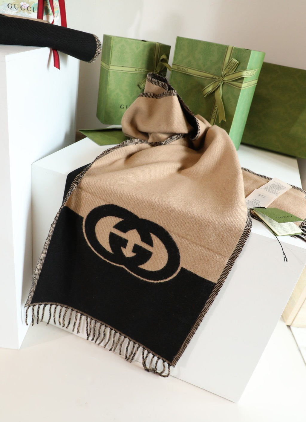 Gucci Black & Camel Beige Fringed Scarf