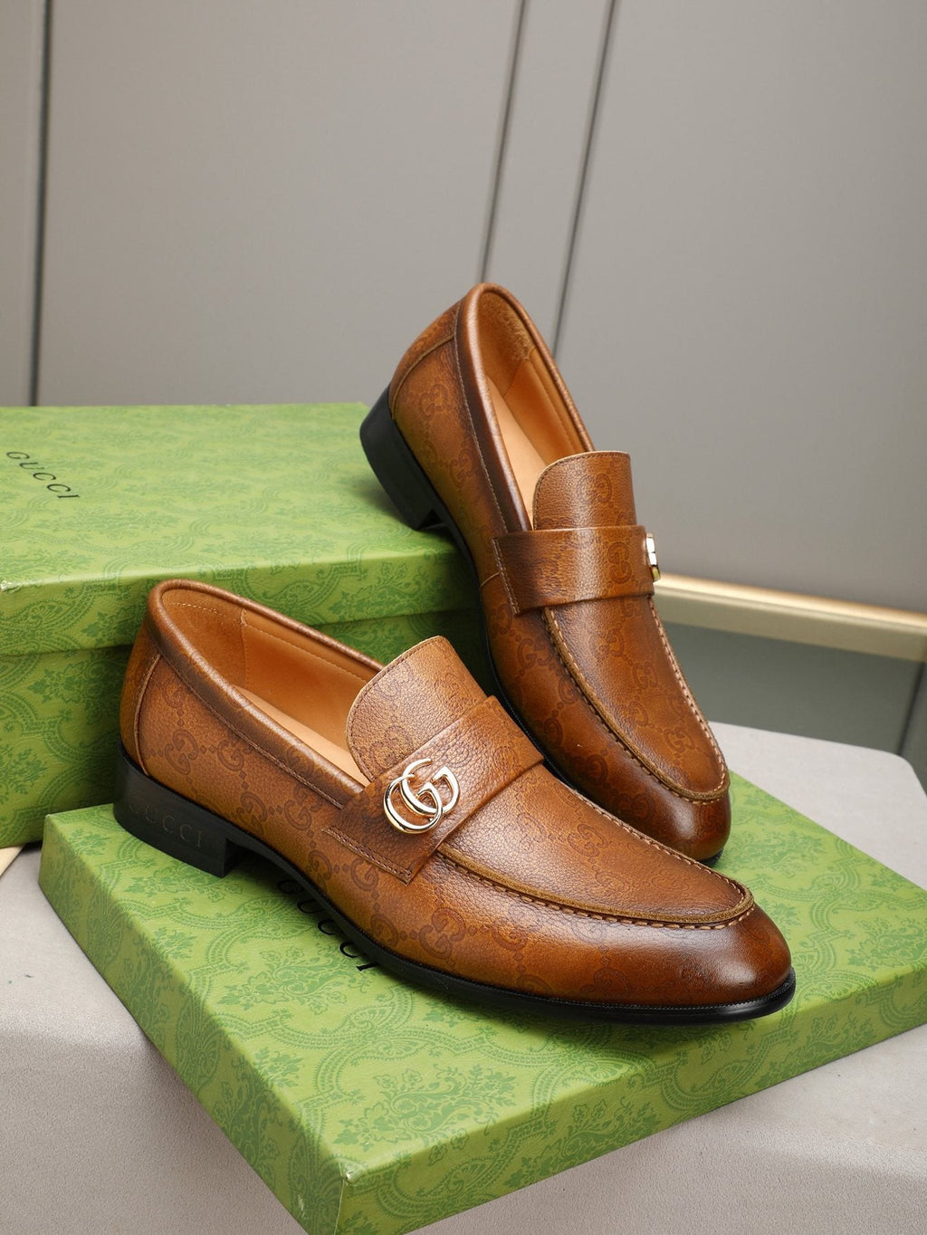Gucci Brown Monogram Hardware Loafers