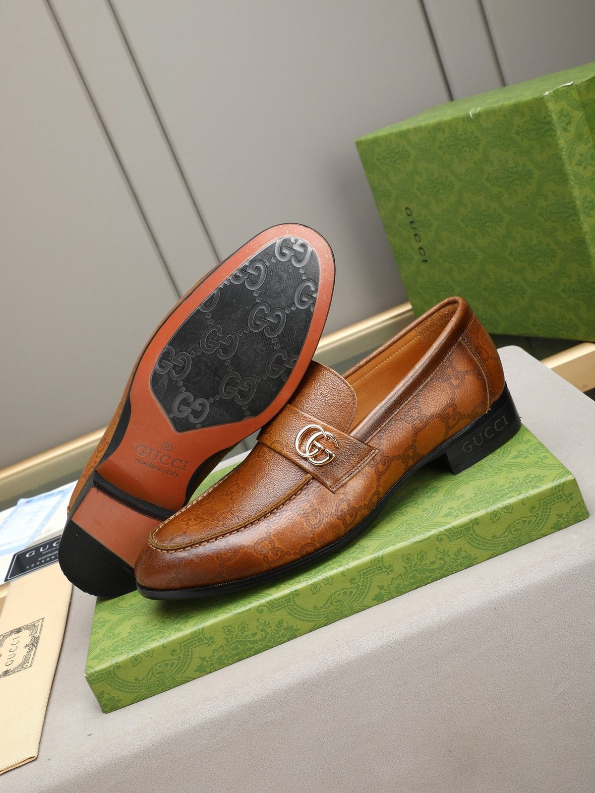 Gucci Brown Monogram Hardware Loafers