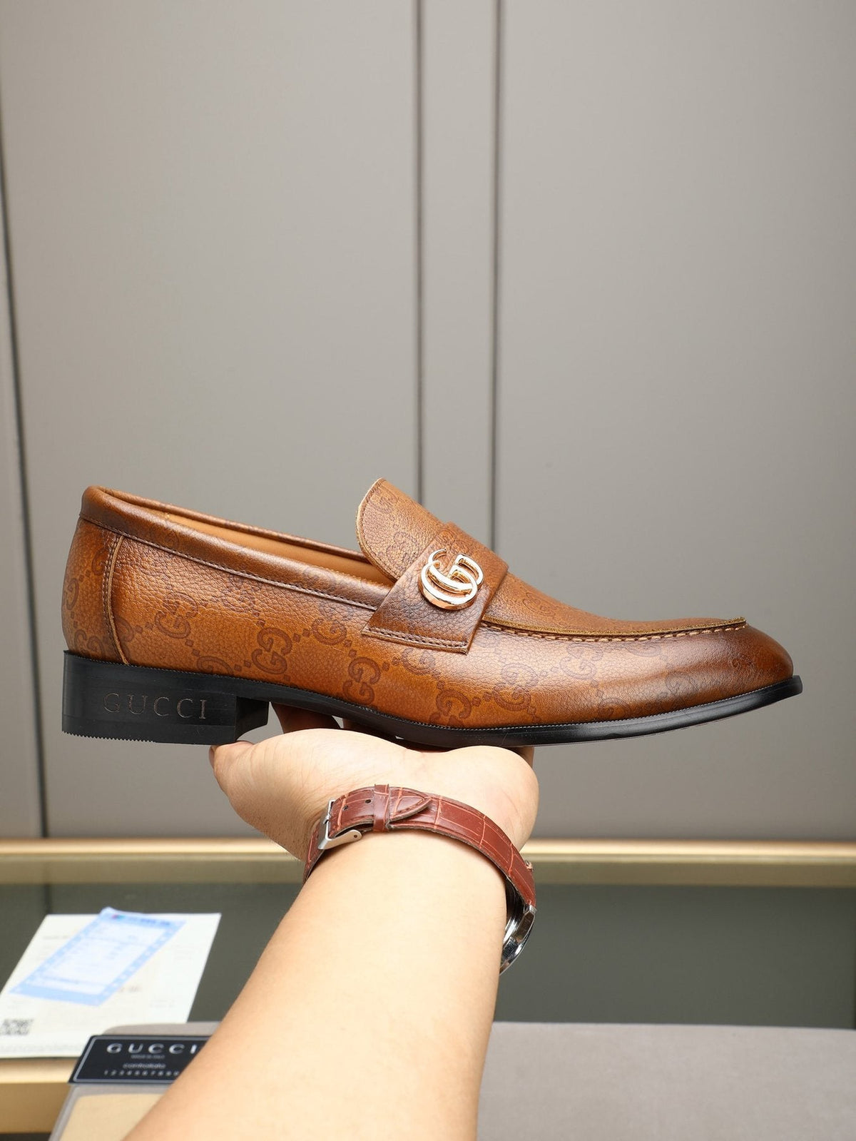 Gucci Brown Monogram Hardware Loafers