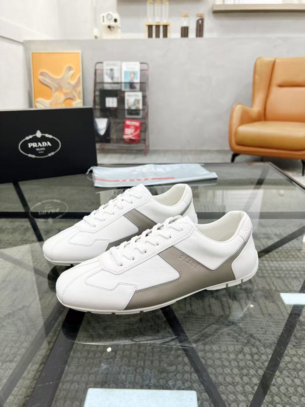Prada Men's White and Taupe Low-Top Sneakers