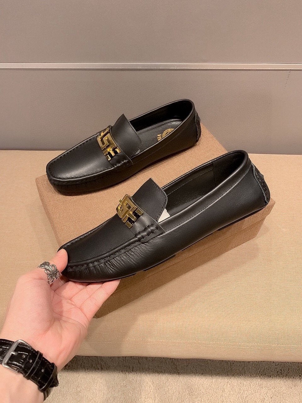 Versace Men's Black Gold-Tone Hardware Loafers - Low-Profile Rubber Sole