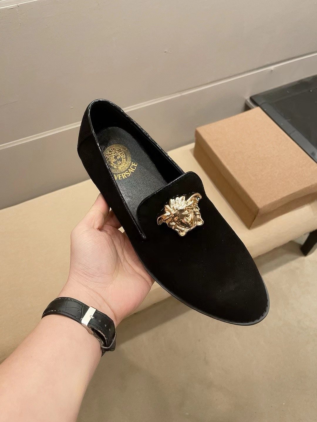 Versace Men's Black Gold-Tone Ornament Loafers