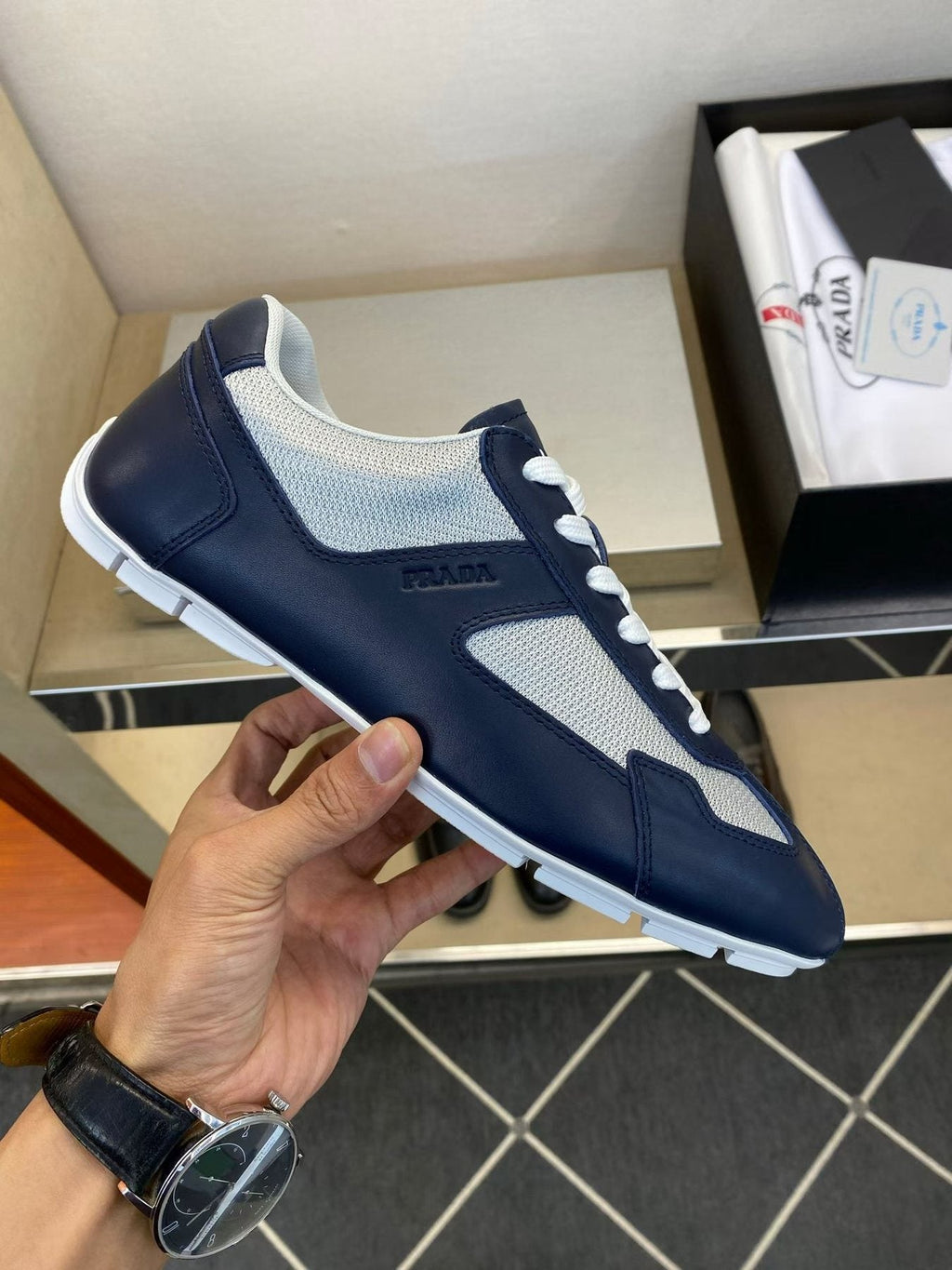 Prada Men's Navy Blue Panel Low-Top Sneakers