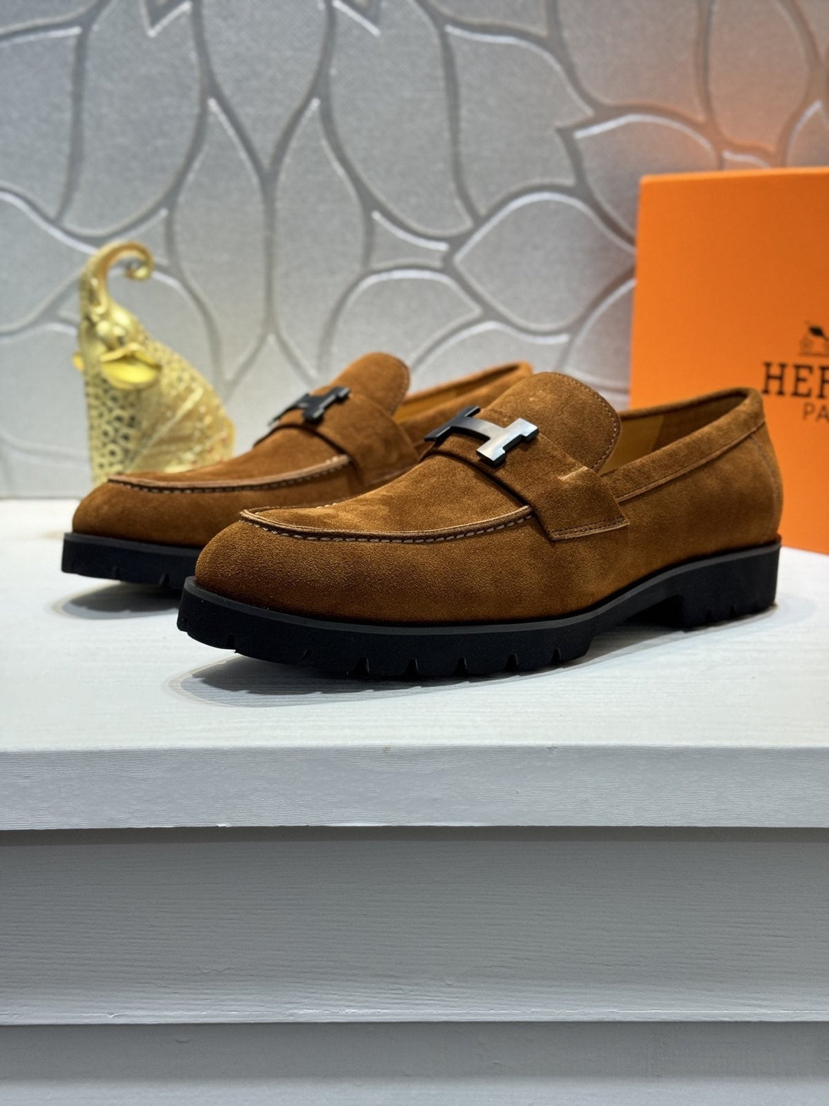 Hermès Men's Brown Leather Lug-Sole Loafers