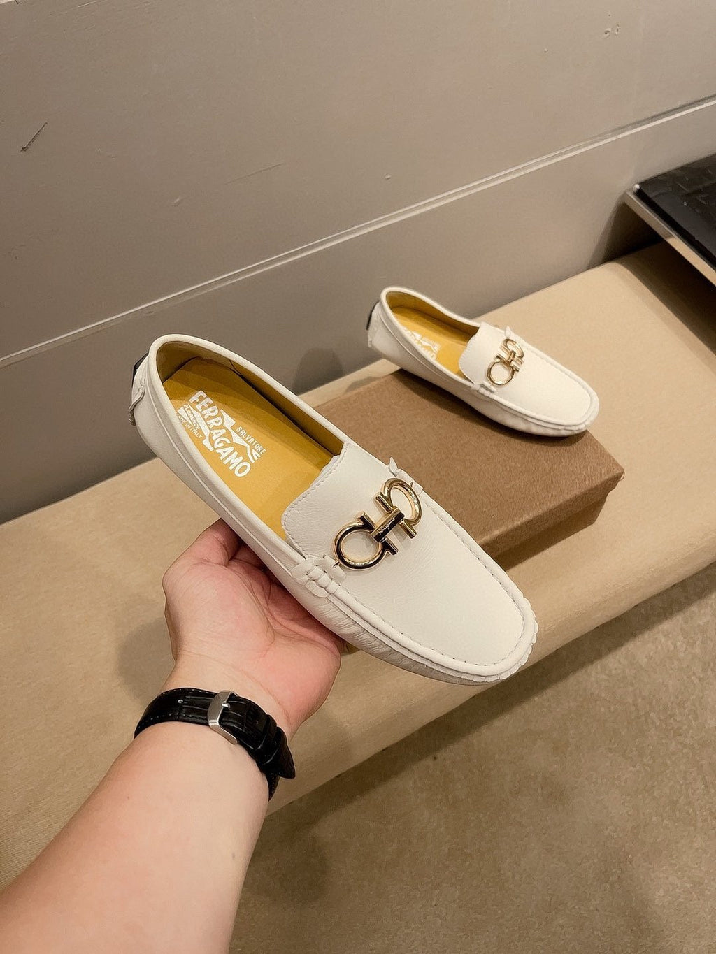 Ferragamo Men's White Hardware Loafers
