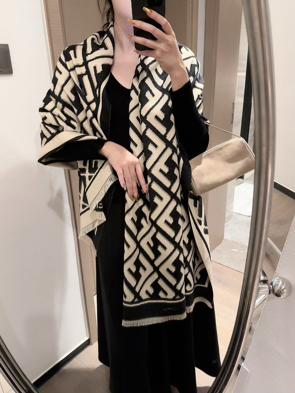 FENDI Black & Beige Monogram Scarf