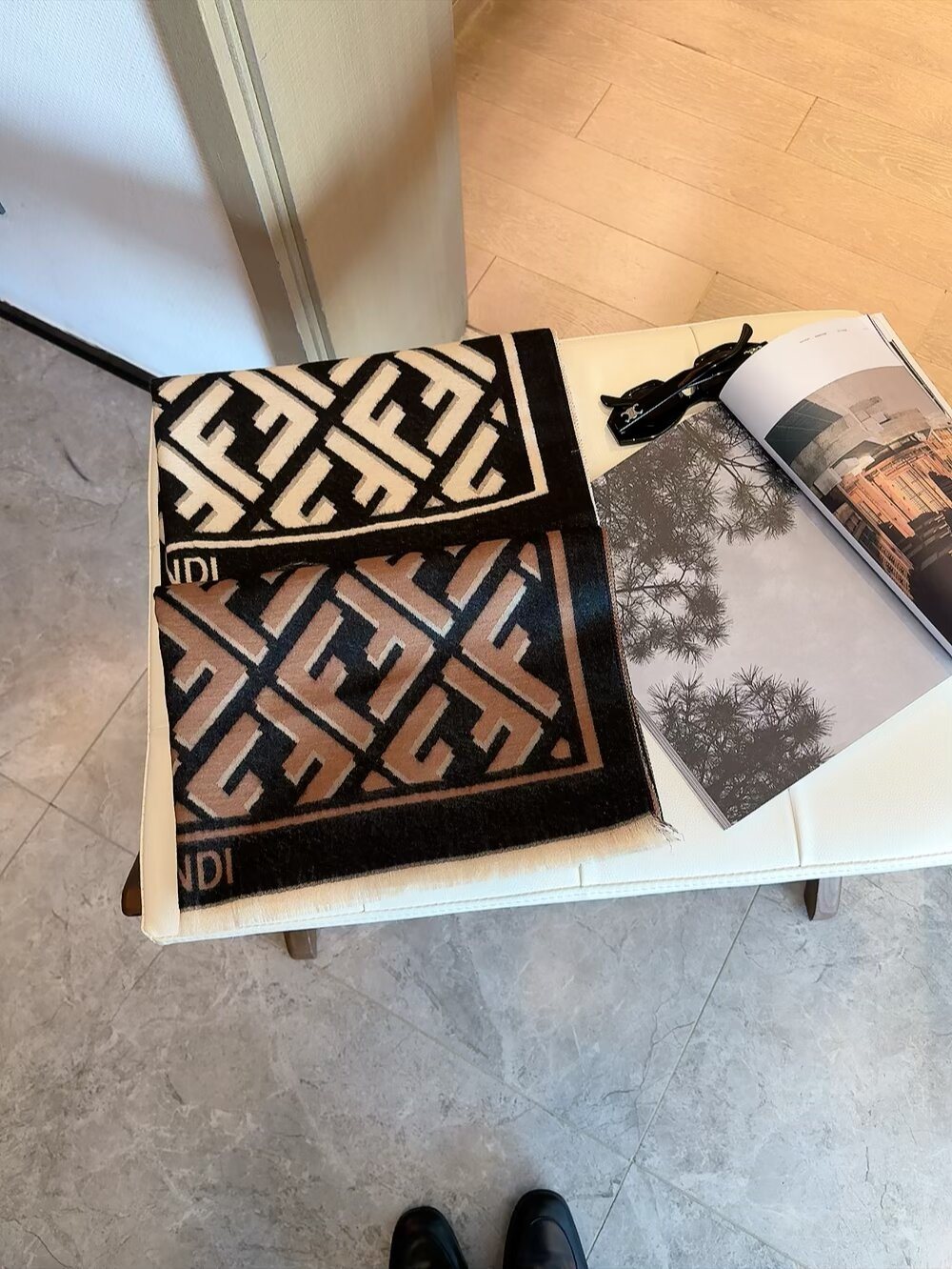 FENDI Black & Beige Monogram Scarf