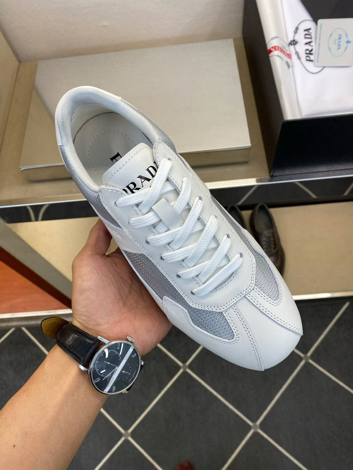 Prada Men's White and Light Gray Low-Top Sneakers