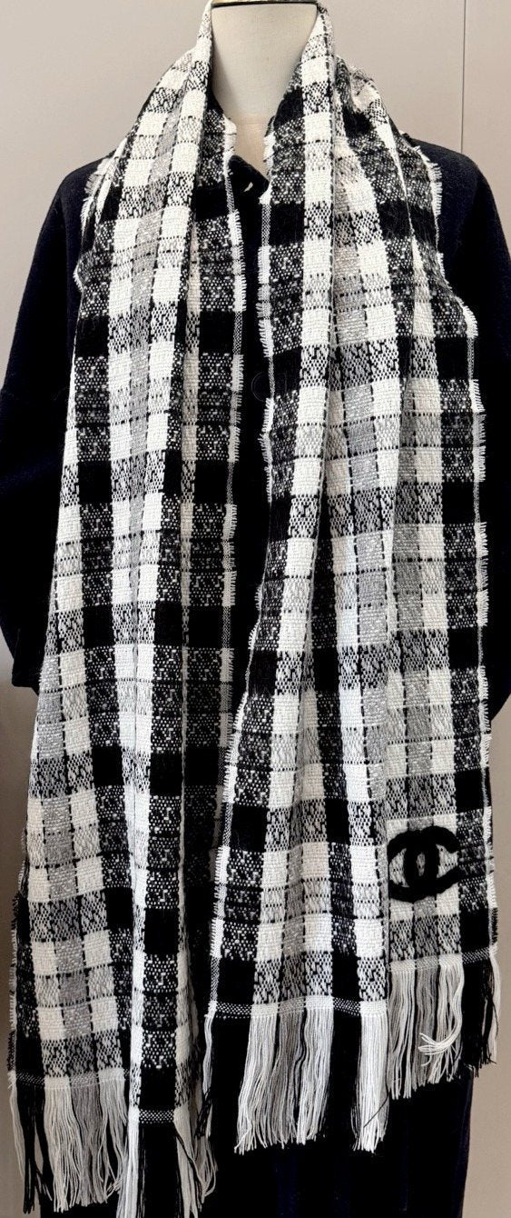 Chanel Black and White Plaid Fringed Scarf
