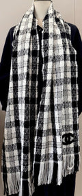 Chanel Black and White Plaid Fringed Scarf