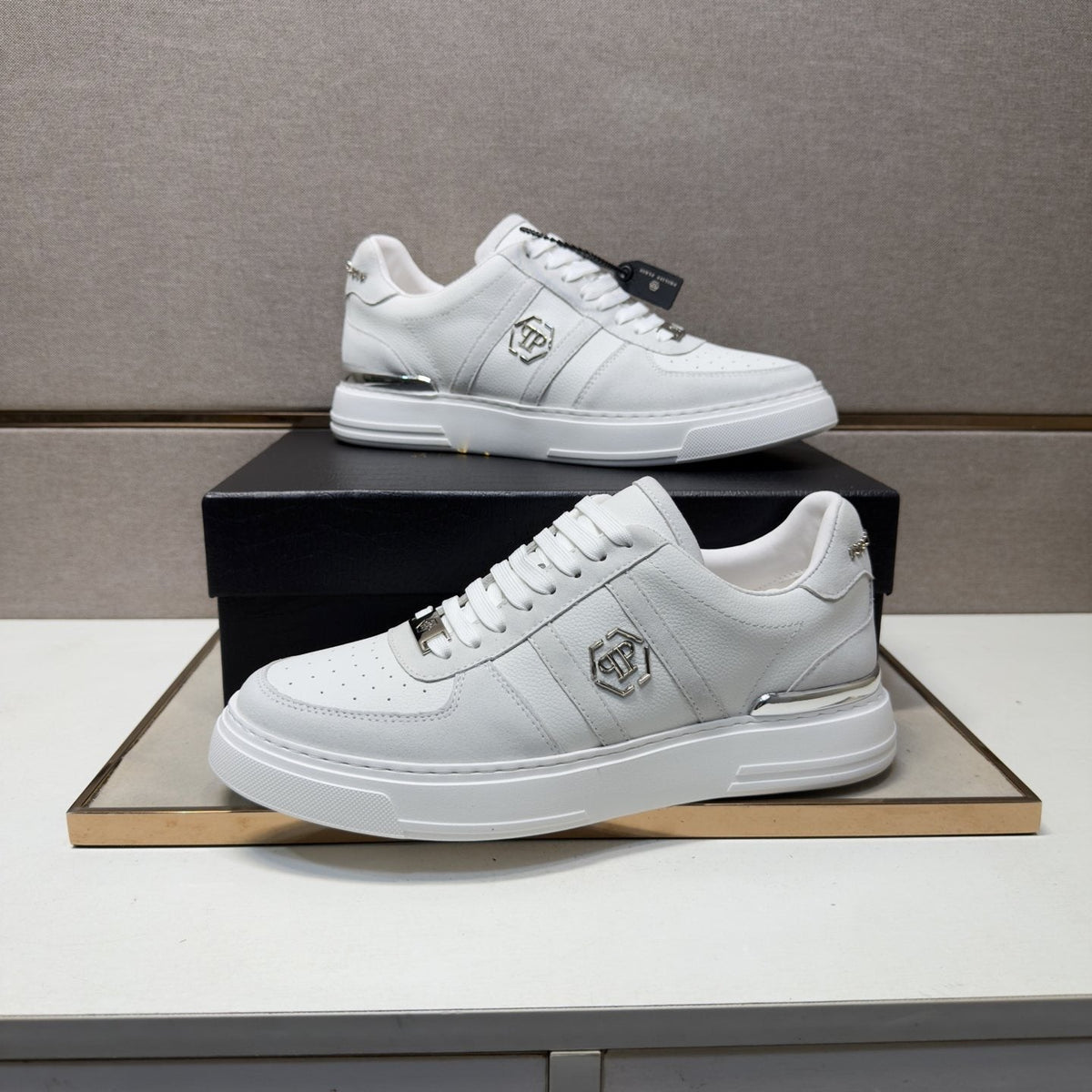 Philipp Plein White Low-Top Sneakers with Silver Accents