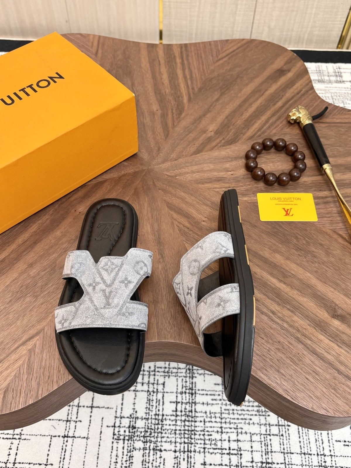 Louis Vuitton Light-Gray Patterned Slide Sandals