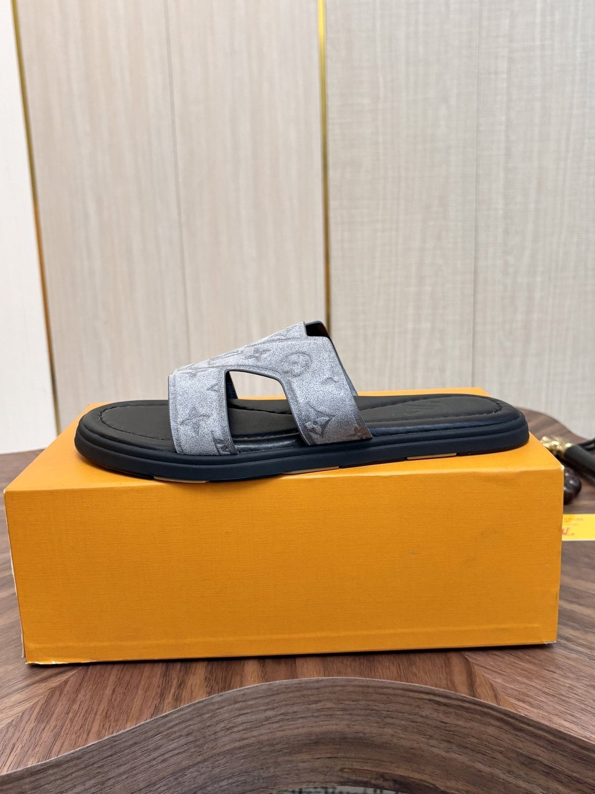 Louis Vuitton Light-Gray Patterned Slide Sandals