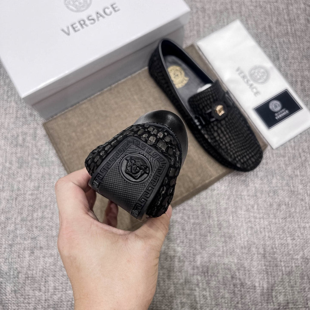 Versace Black Textured Driving Loafers