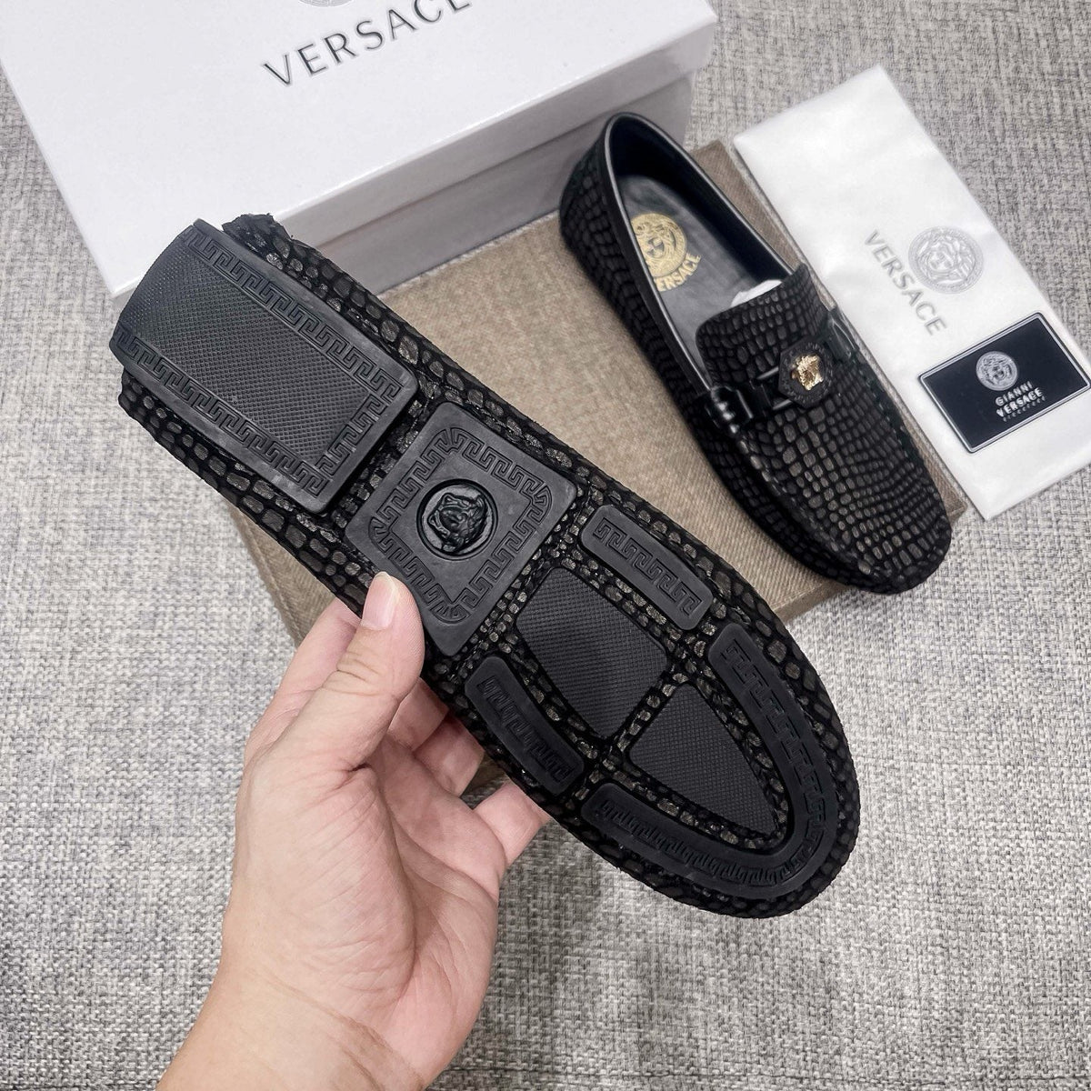 Versace Black Textured Driving Loafers