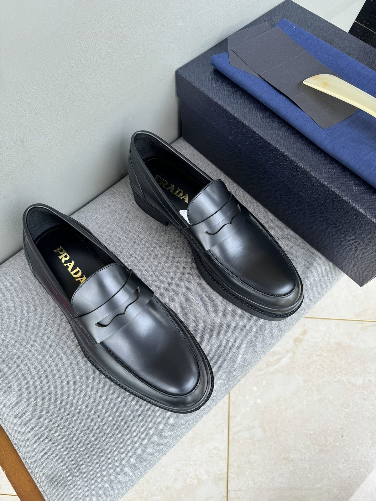 Prada Black Leather Strap Loafers